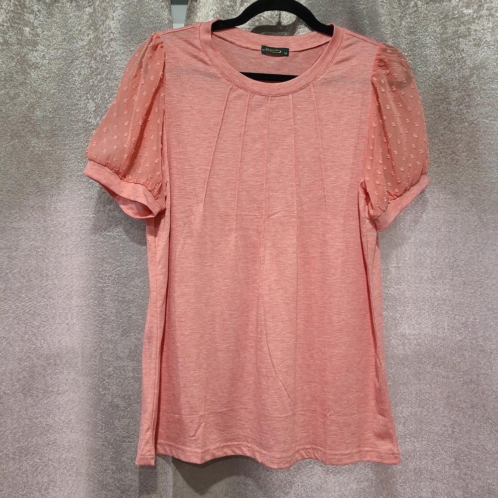 Ofeefan Coral Pink Swiss Dot Mesh Puff Sleeve Pleated Knit Top Women's  Medium